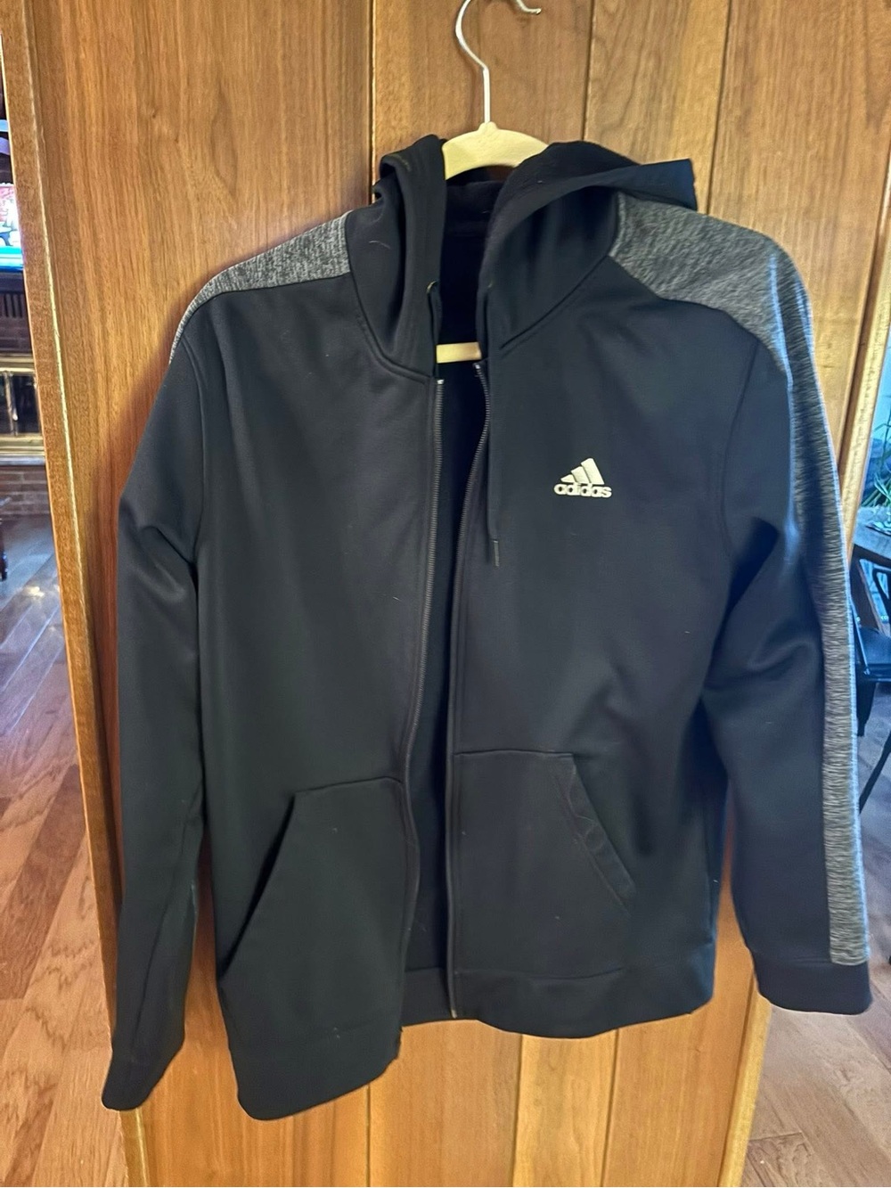adidas Black Hooded Zip Jacket with Gray Shoulder Panels